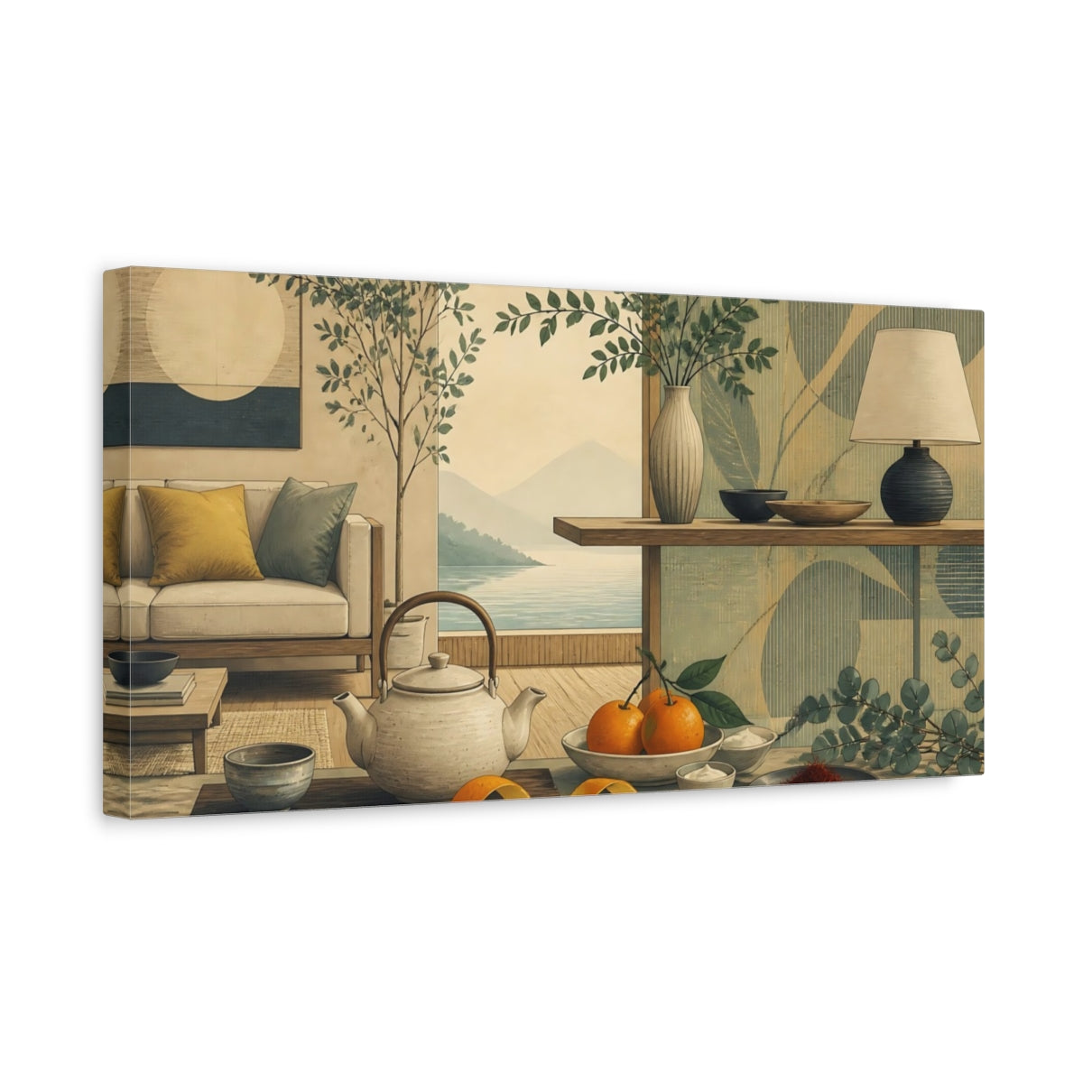 Side Mockup 3. Living Room Teapot Still Life shown as canvas print