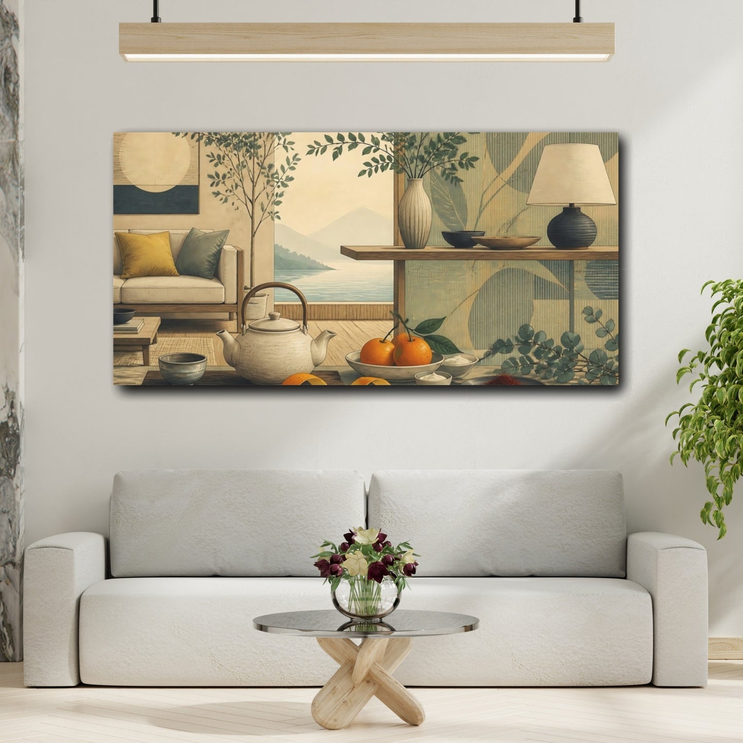 Mockup 2. Living Room Teapot Still Life shown as canvas print