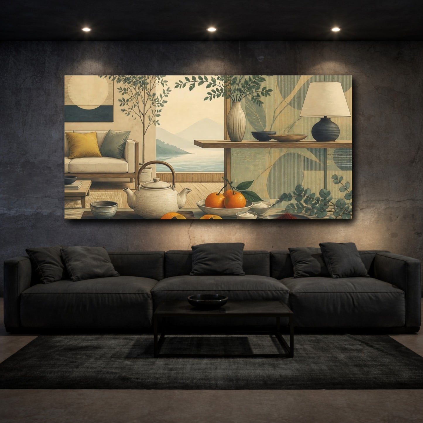 Mockup 3. Living Room Teapot Still Life shown as canvas print