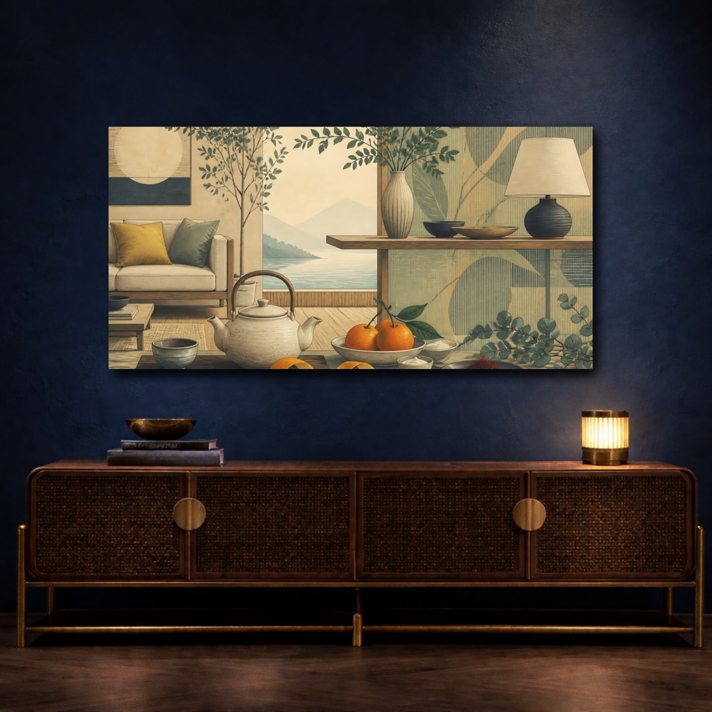 Mockup 4. Living Room Teapot Still Life shown as canvas print