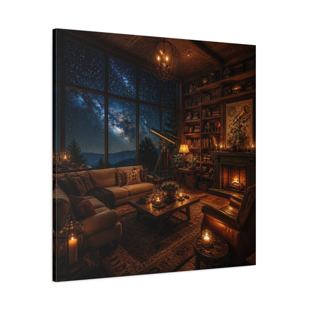 Side Mockup 1. Living Room Telescope Nook shown as canvas print