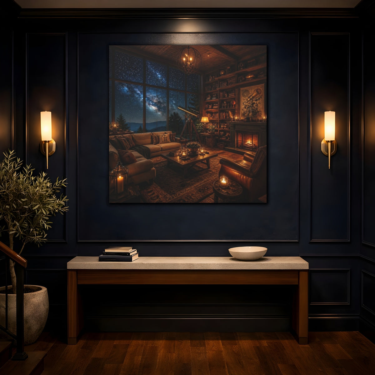 Mockup 4. Living Room Telescope Nook shown as canvas print