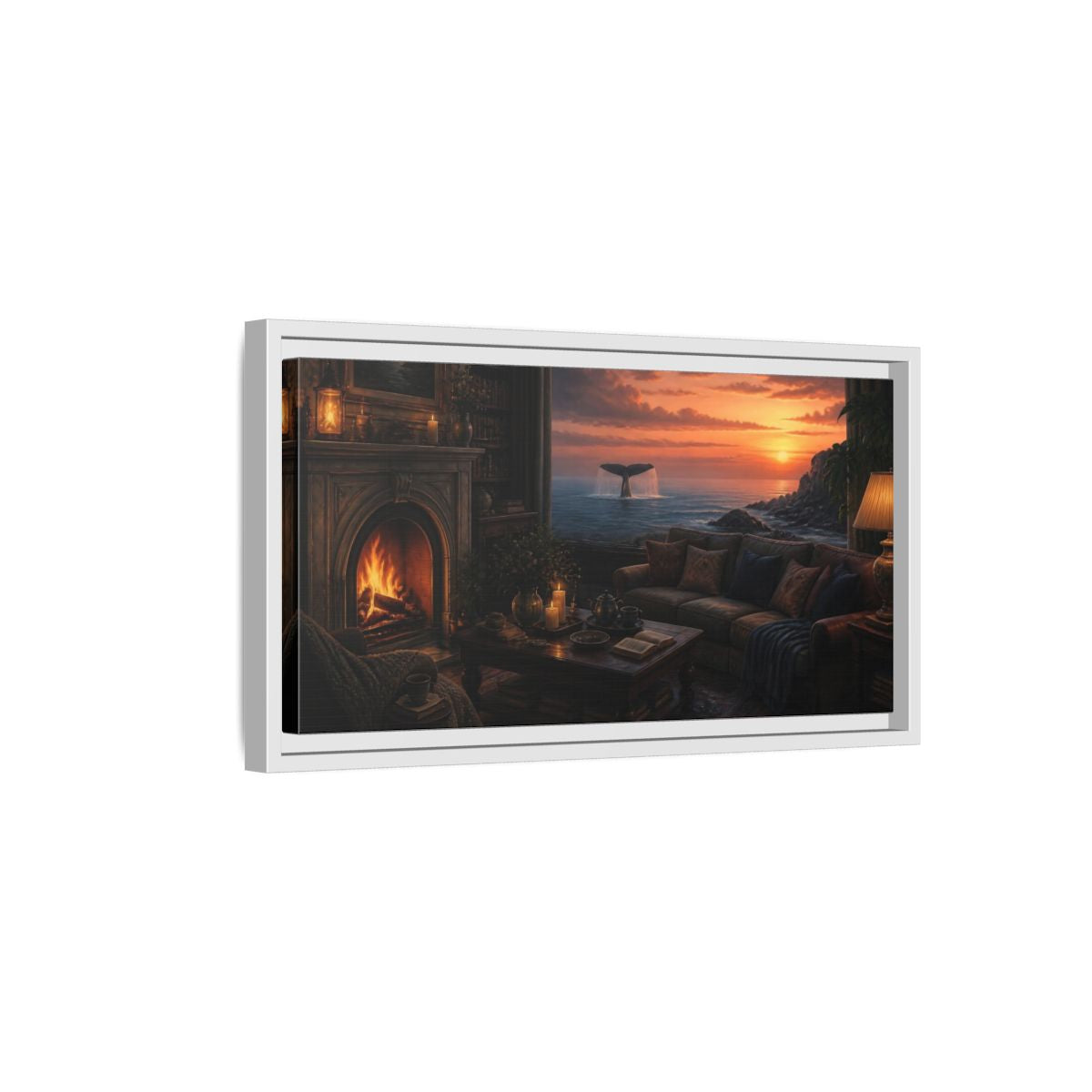 Side Mockup 6. Living Room Whale Tail Sunset shown as framed canvas print