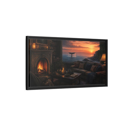 Side Mockup 2. Living Room Whale Tail Sunset shown as framed canvas print