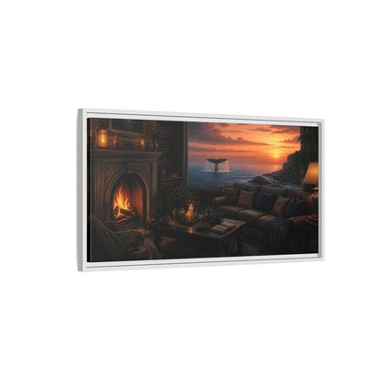 Side Mockup 1. Living Room Whale Tail Sunset shown as framed canvas print