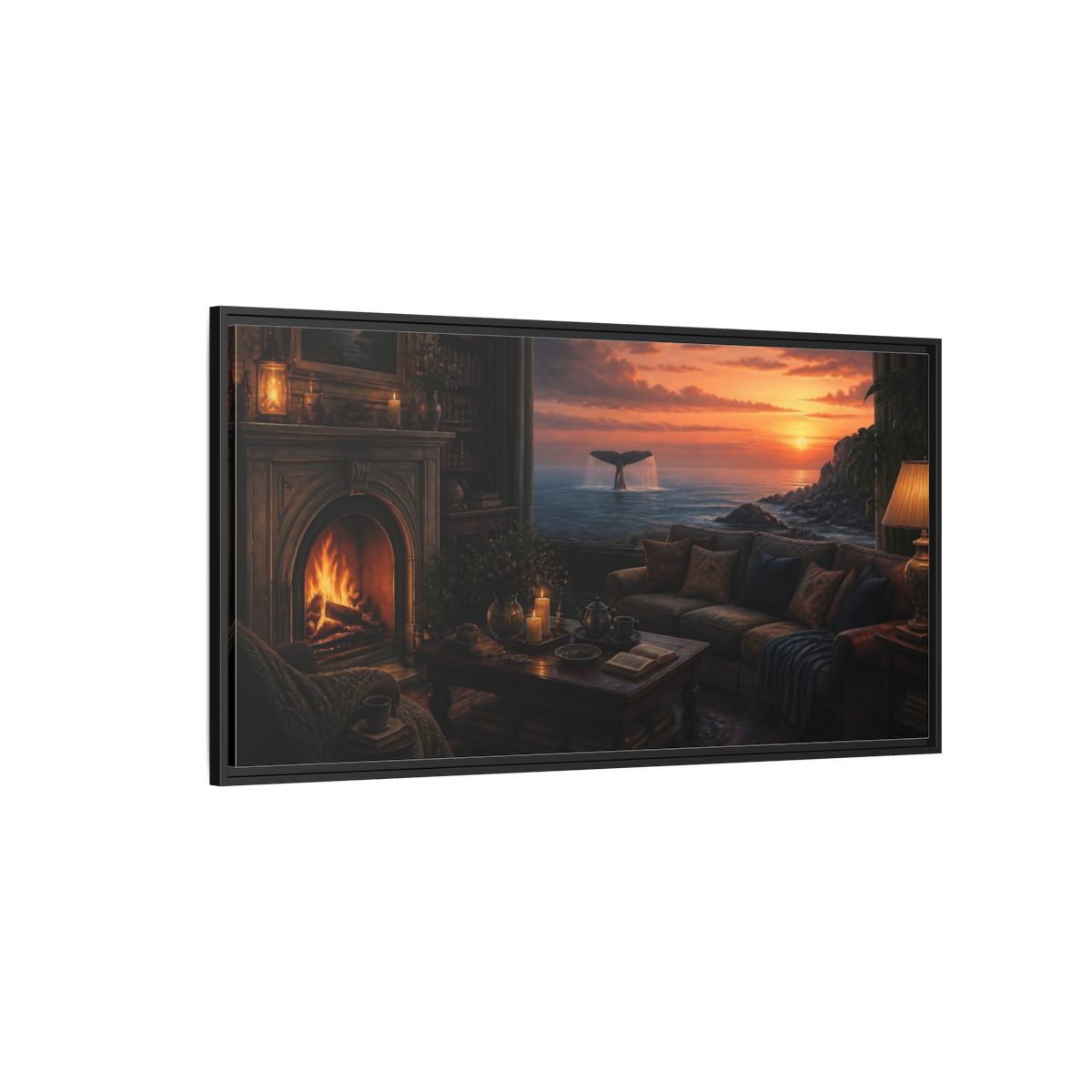 Side Mockup 5. Living Room Whale Tail Sunset shown as framed canvas print