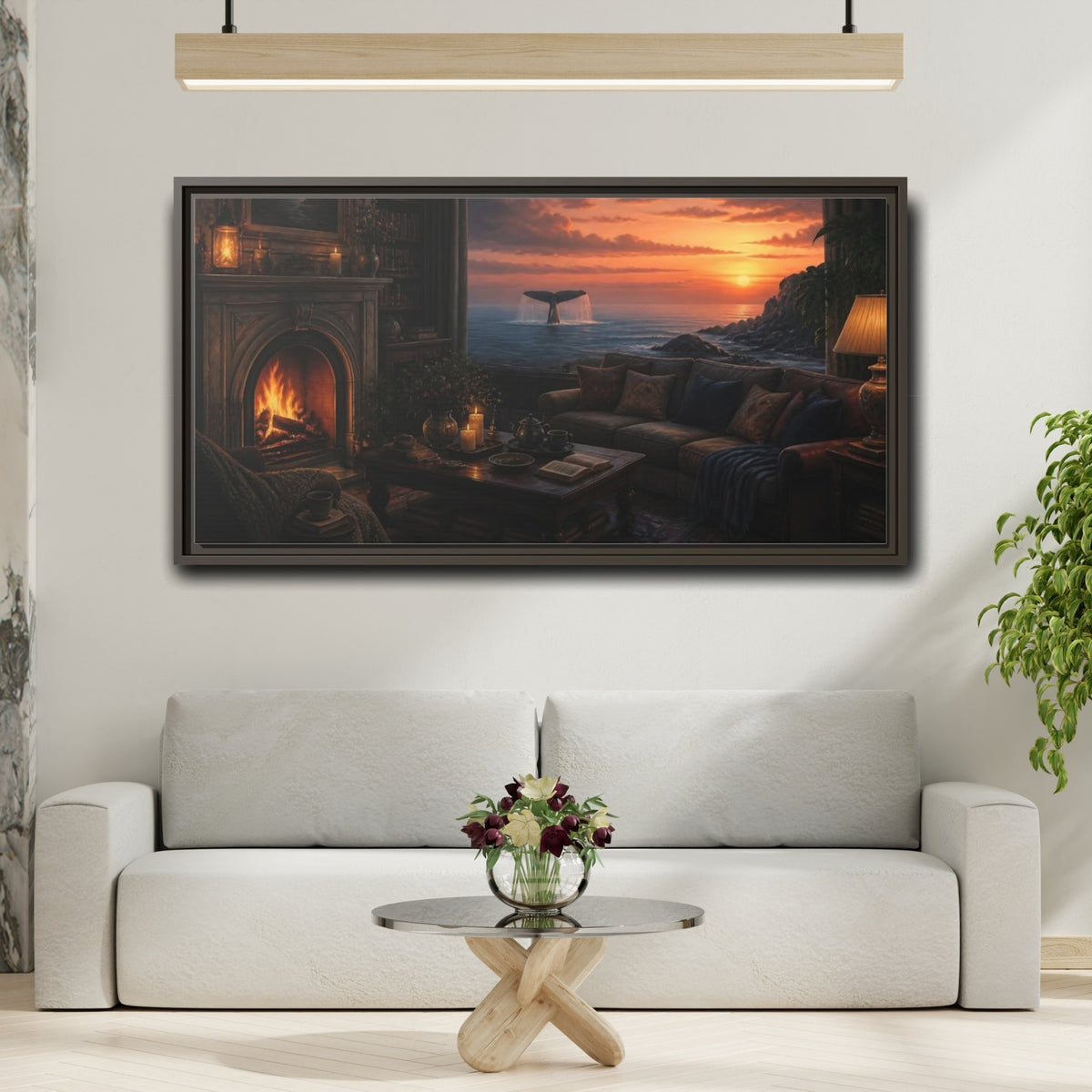 Mockup 2. Living Room Whale Tail Sunset shown as framed canvas print