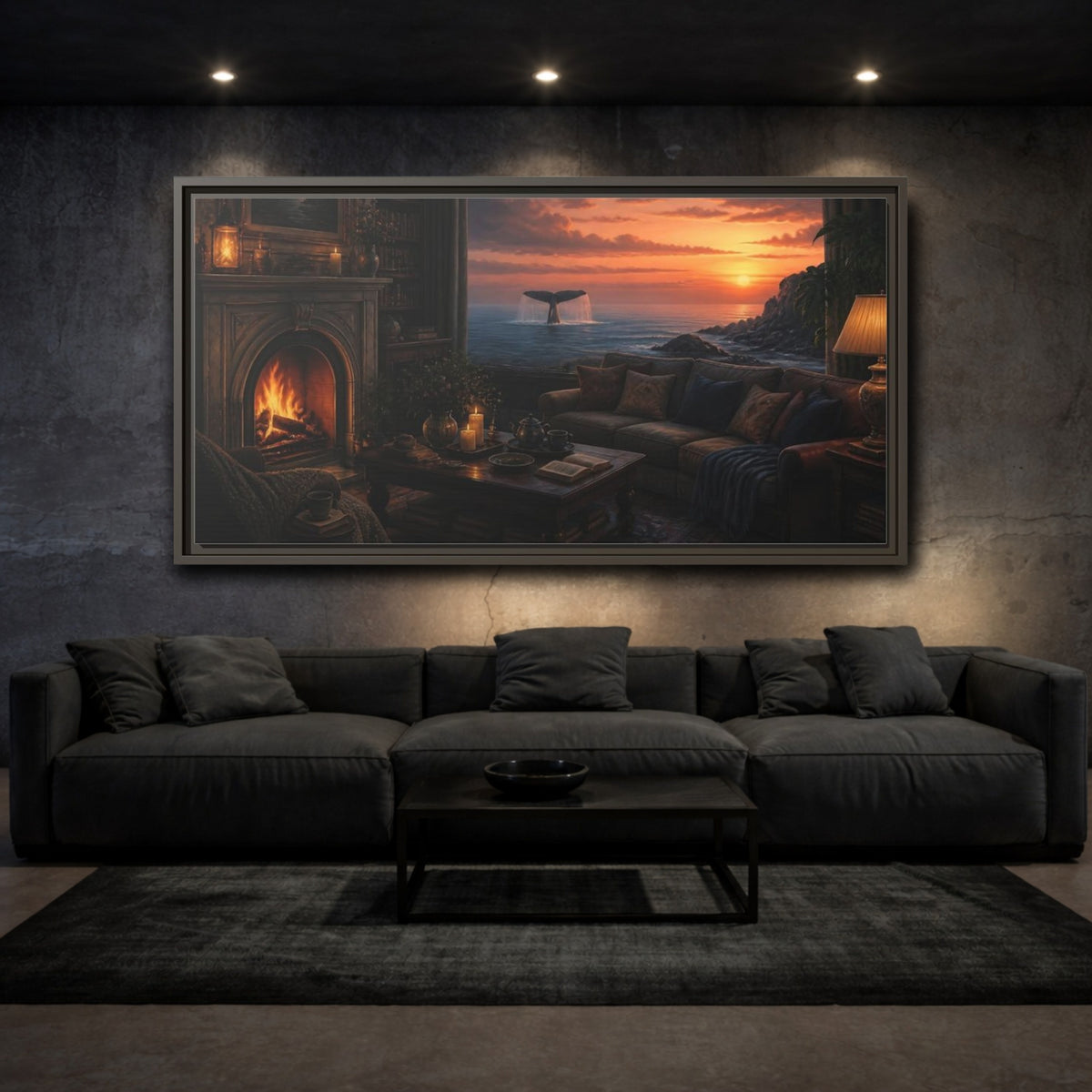 Mockup 3. Living Room Whale Tail Sunset shown as framed canvas print