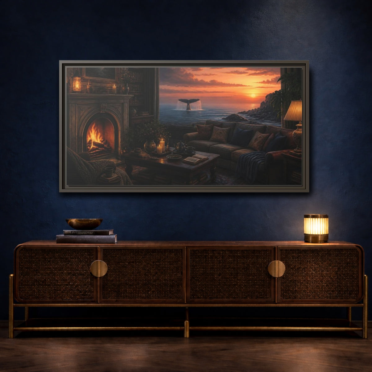 Mockup 4. Living Room Whale Tail Sunset shown as framed canvas print