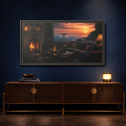 Mockup 4. Living Room Whale Tail Sunset shown as framed canvas print