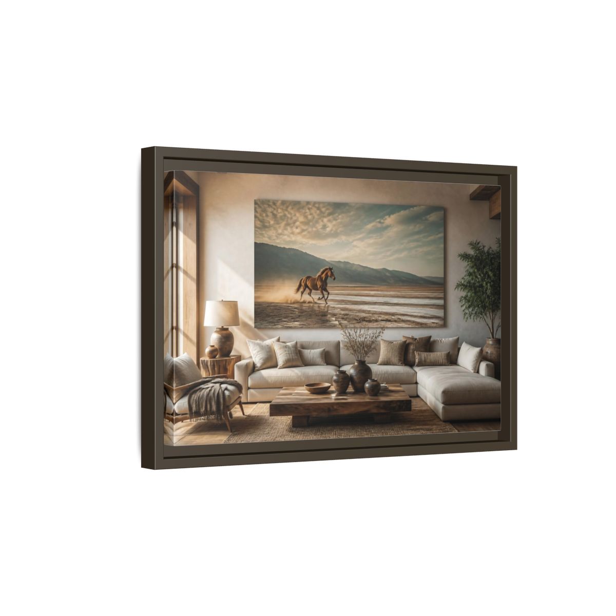 Side Mockup 5. Living Room Wild Horse shown as framed canvas print