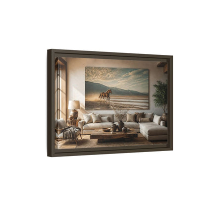 Side Mockup 5. Living Room Wild Horse shown as framed canvas print
