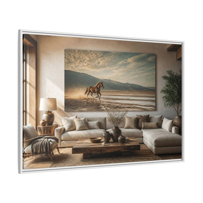 Side Mockup 7. Living Room Wild Horse shown as framed canvas print