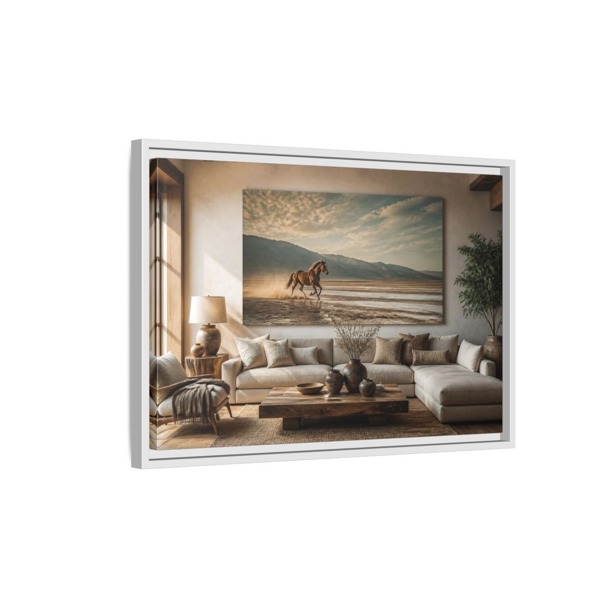 Side Mockup 1. Living Room Wild Horse shown as framed canvas print