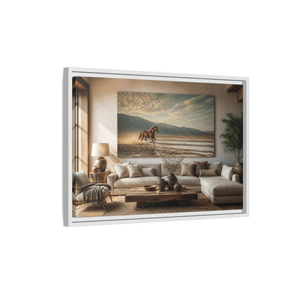 Side Mockup 1. Living Room Wild Horse shown as framed canvas print