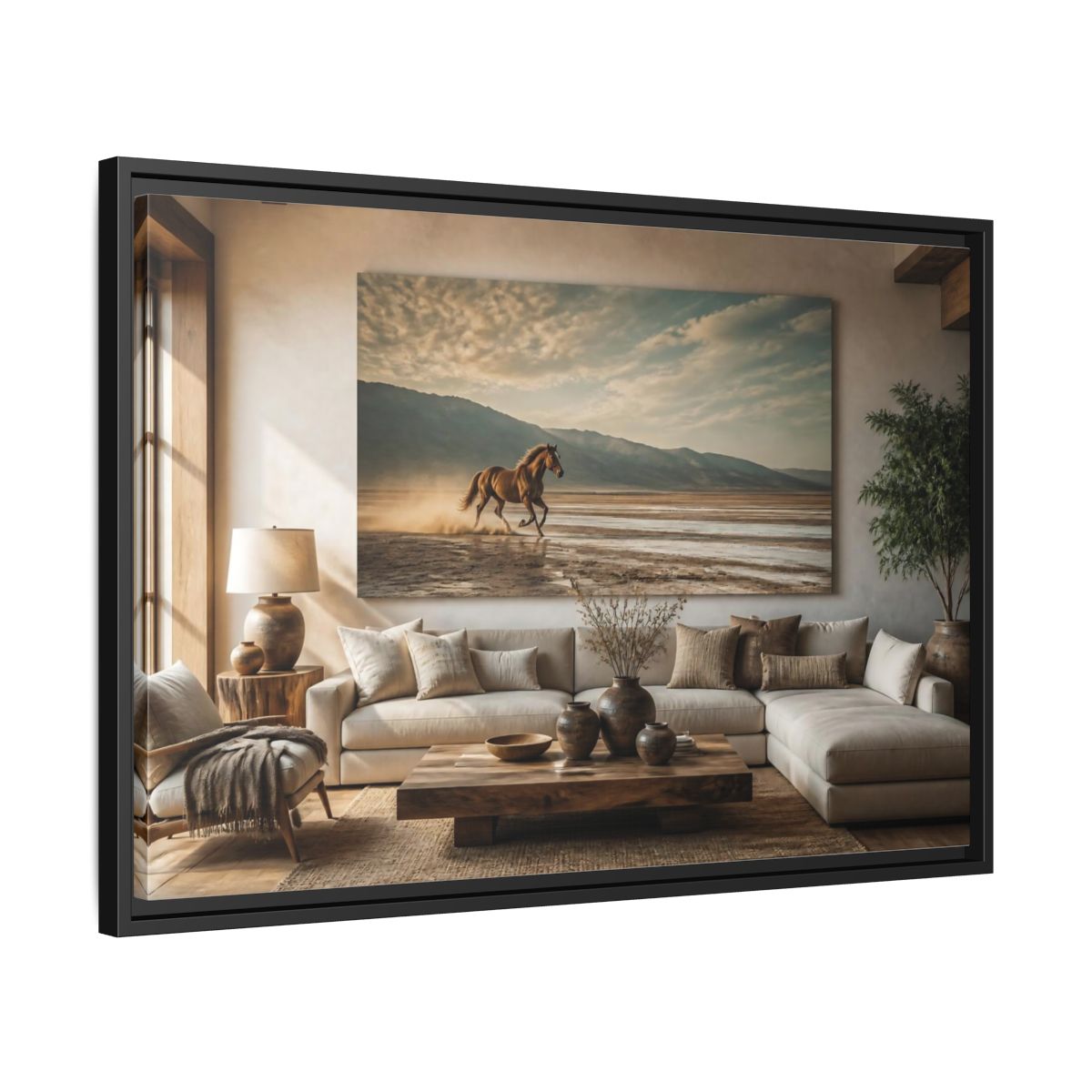 Side Mockup 14. Living Room Wild Horse shown as framed canvas print