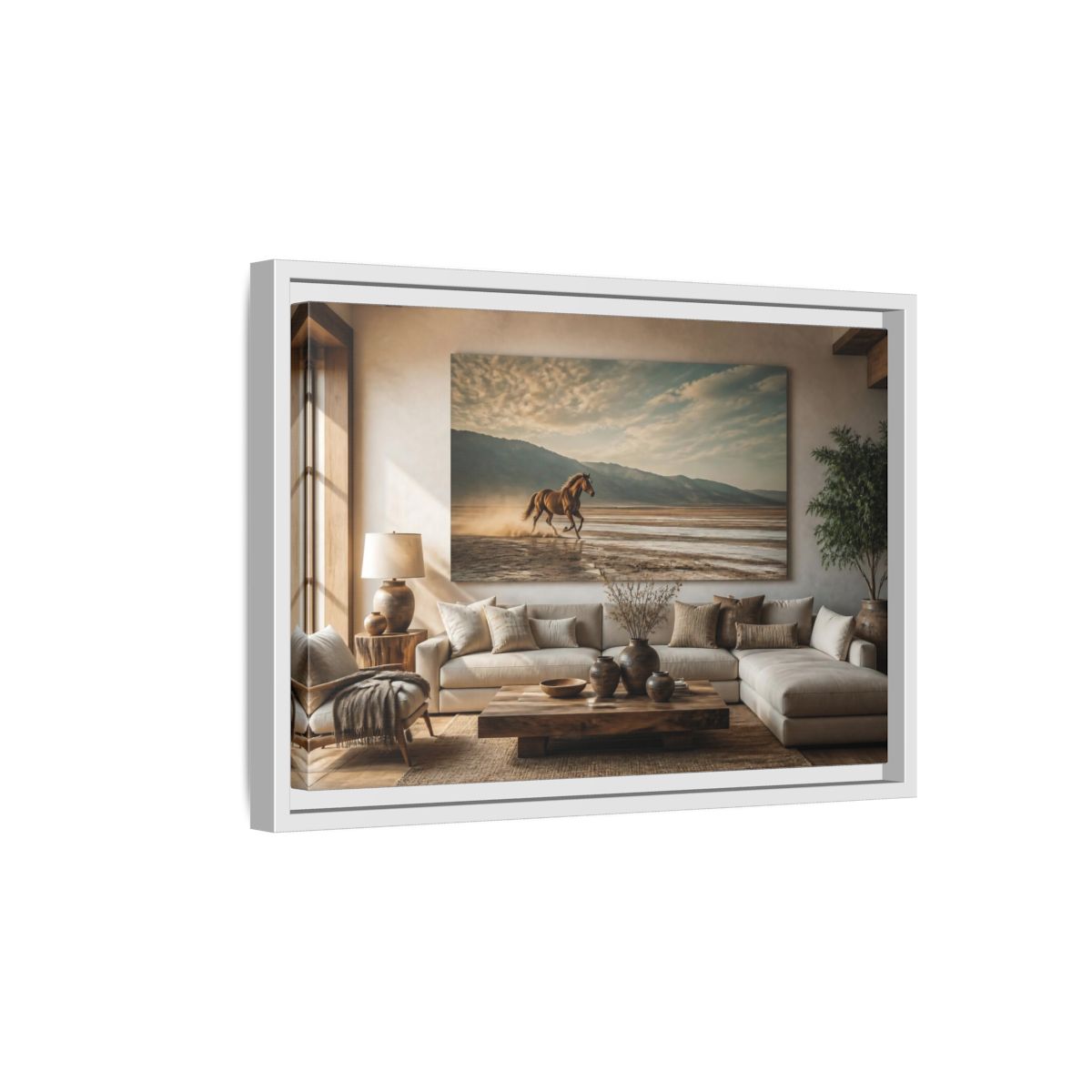 Side Mockup 4. Living Room Wild Horse shown as framed canvas print