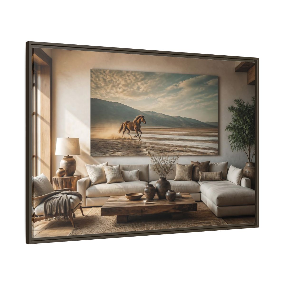 Side Mockup 8. Living Room Wild Horse shown as framed canvas print