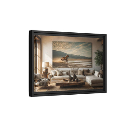 Side Mockup 6. Living Room Wild Horse shown as framed canvas print