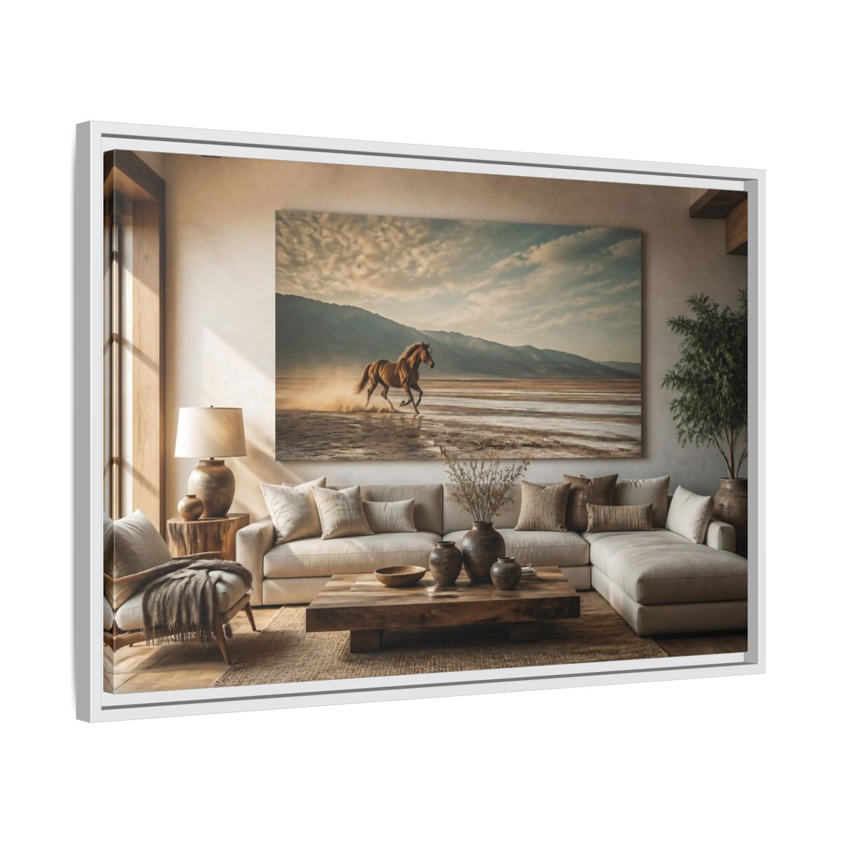 Side Mockup 10. Living Room Wild Horse shown as framed canvas print