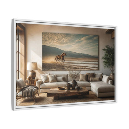 Side Mockup 10. Living Room Wild Horse shown as framed canvas print