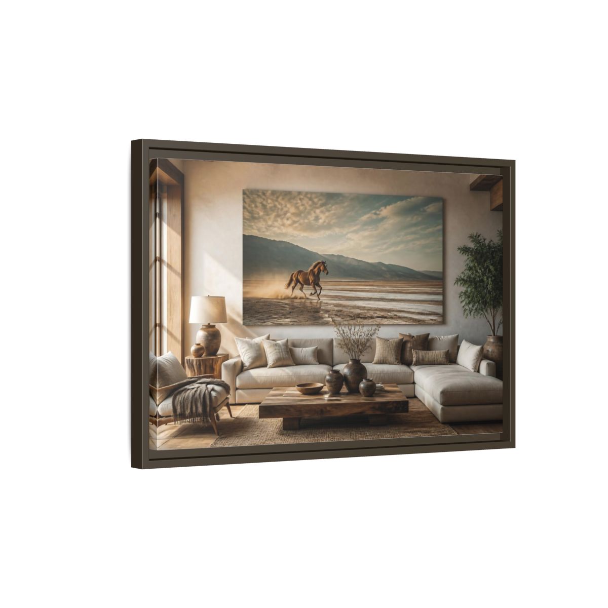 Side Mockup 2. Living Room Wild Horse shown as framed canvas print