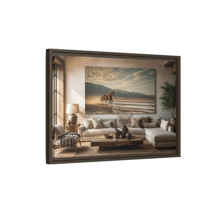 Side Mockup 2. Living Room Wild Horse shown as framed canvas print
