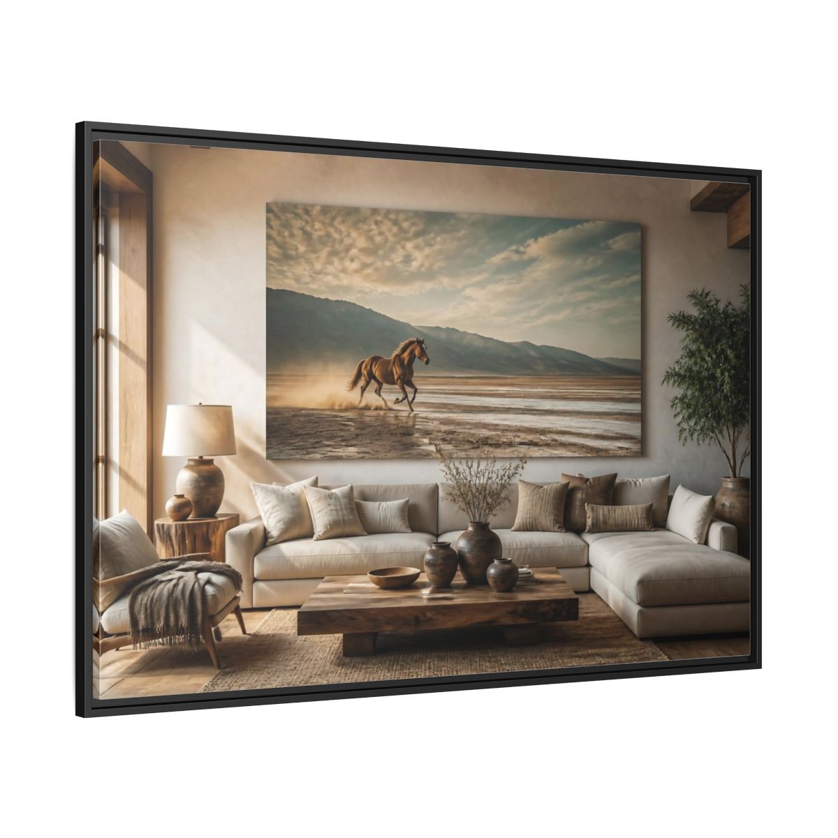 Side Mockup 12. Living Room Wild Horse shown as framed canvas print