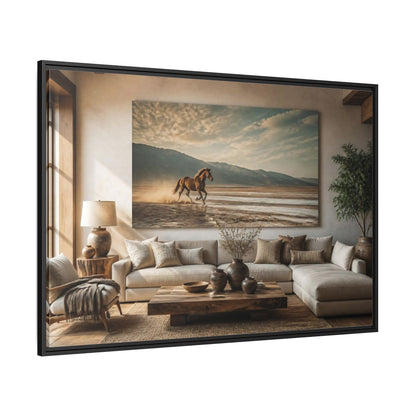 Side Mockup 12. Living Room Wild Horse shown as framed canvas print