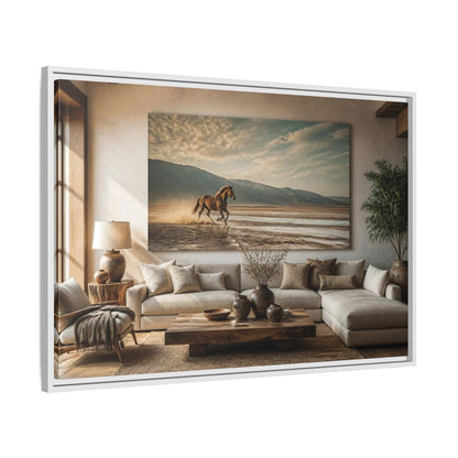 Side Mockup 9. Living Room Wild Horse shown as framed canvas print