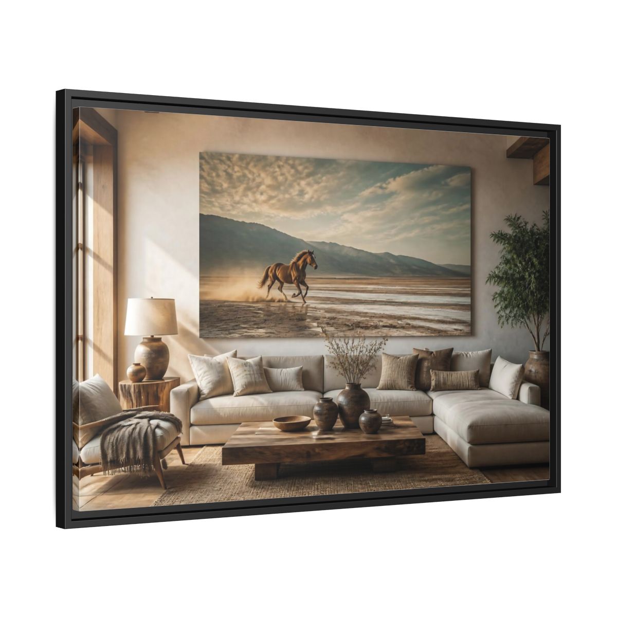 Side Mockup 13. Living Room Wild Horse shown as framed canvas print