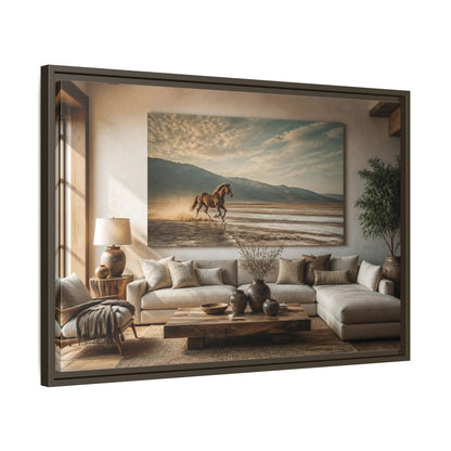 Side Mockup 11. Living Room Wild Horse shown as framed canvas print