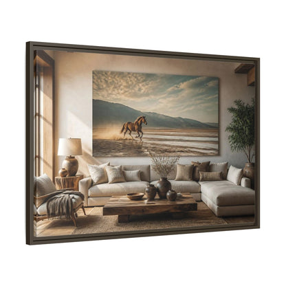 Main Mockup. Living Room Wild Horse shown as framed canvas print