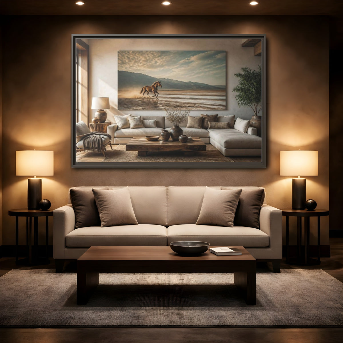 Mockup 2. Living Room Wild Horse shown as framed canvas print