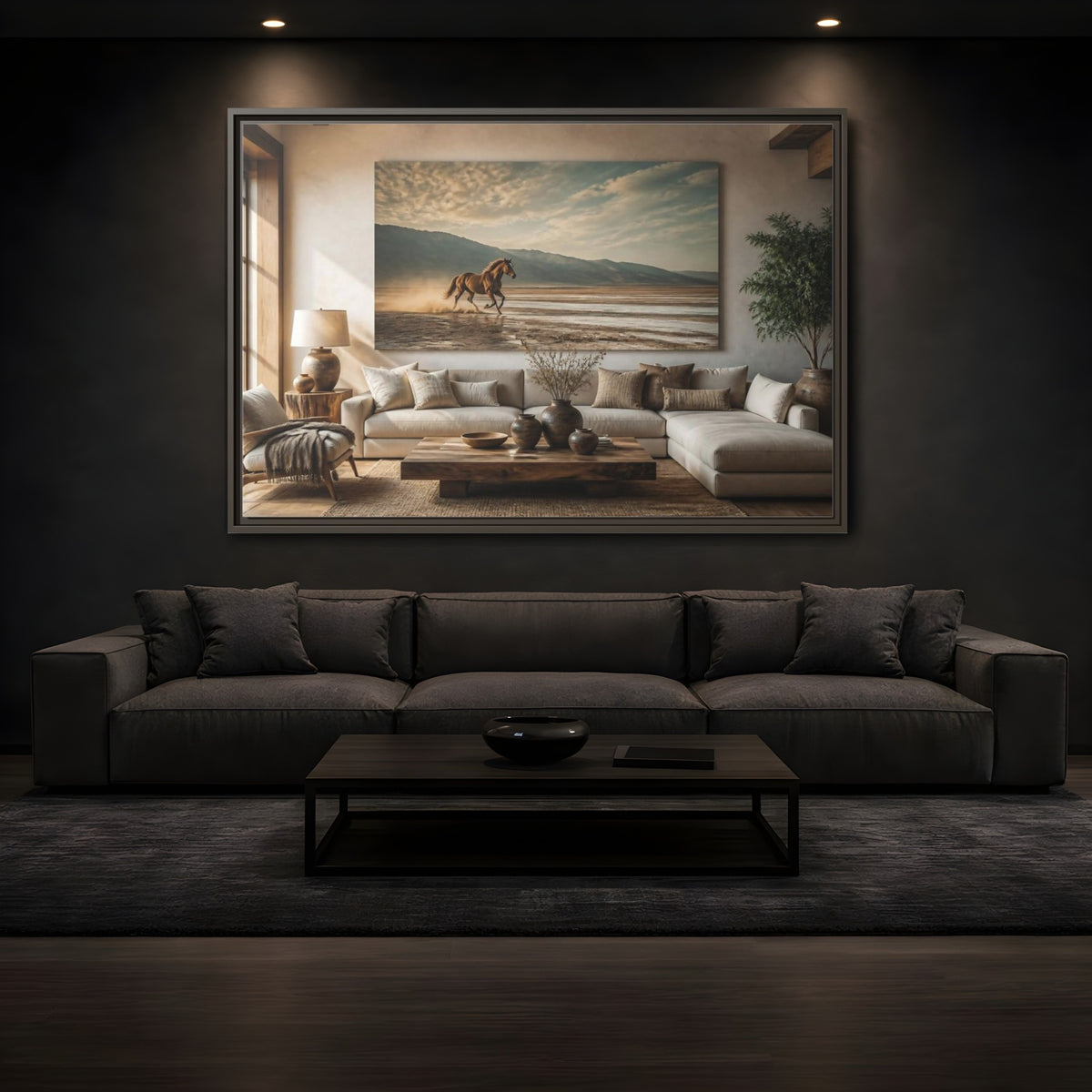 Mockup 3. Living Room Wild Horse shown as framed canvas print