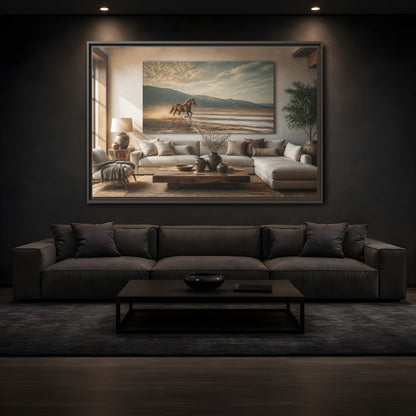 Mockup 3. Living Room Wild Horse shown as framed canvas print