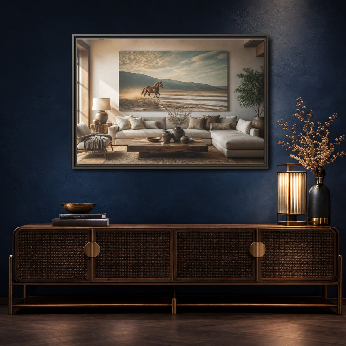 Mockup 4. Living Room Wild Horse shown as framed canvas print