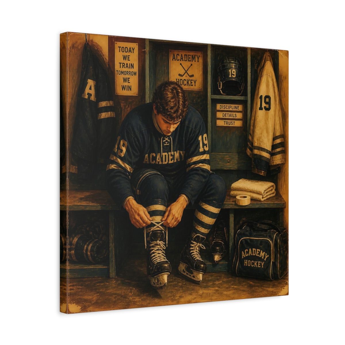 Side Mockup 5. Locker Room Focus shown as canvas print