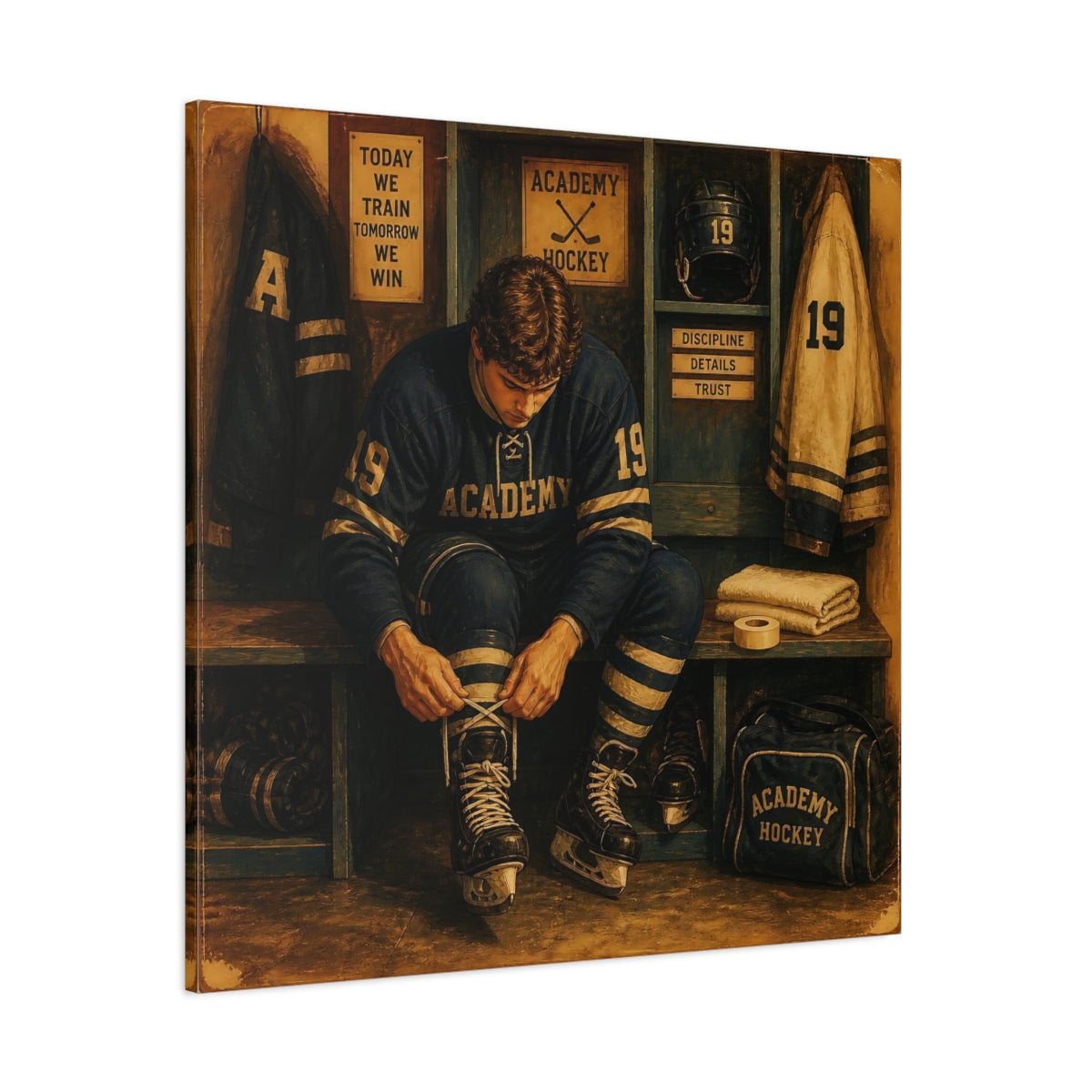 Side Mockup 1. Locker Room Focus shown as canvas print