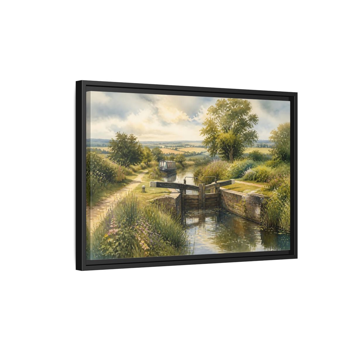 Side Mockup 3. Lockside Summer Meadow shown as framed canvas print