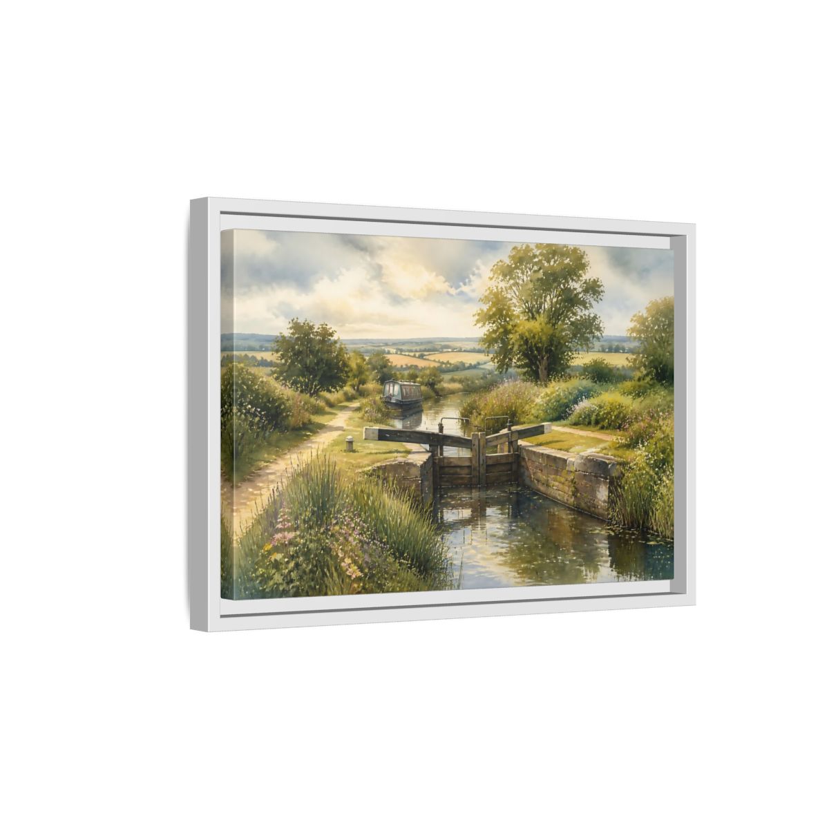 Side Mockup 4. Lockside Summer Meadow shown as framed canvas print