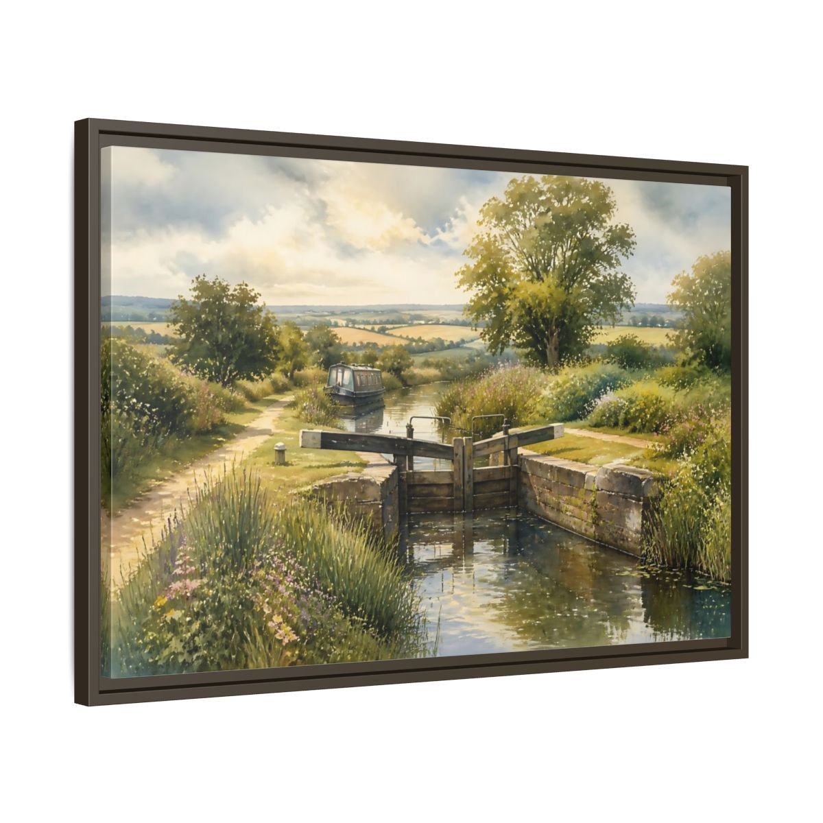 Side Mockup 11. Lockside Summer Meadow shown as framed canvas print