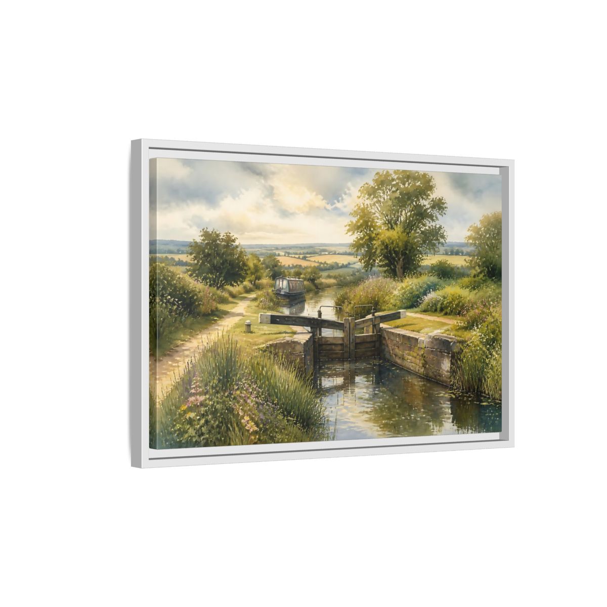 Side Mockup 1. Lockside Summer Meadow shown as framed canvas print