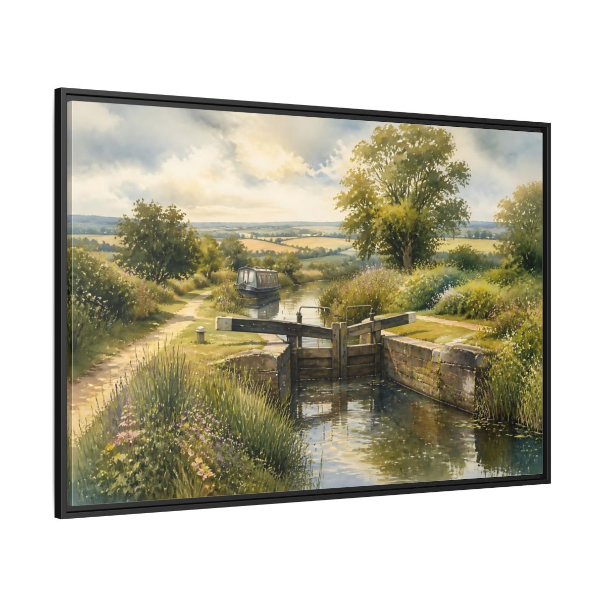 Side Mockup 12. Lockside Summer Meadow shown as framed canvas print
