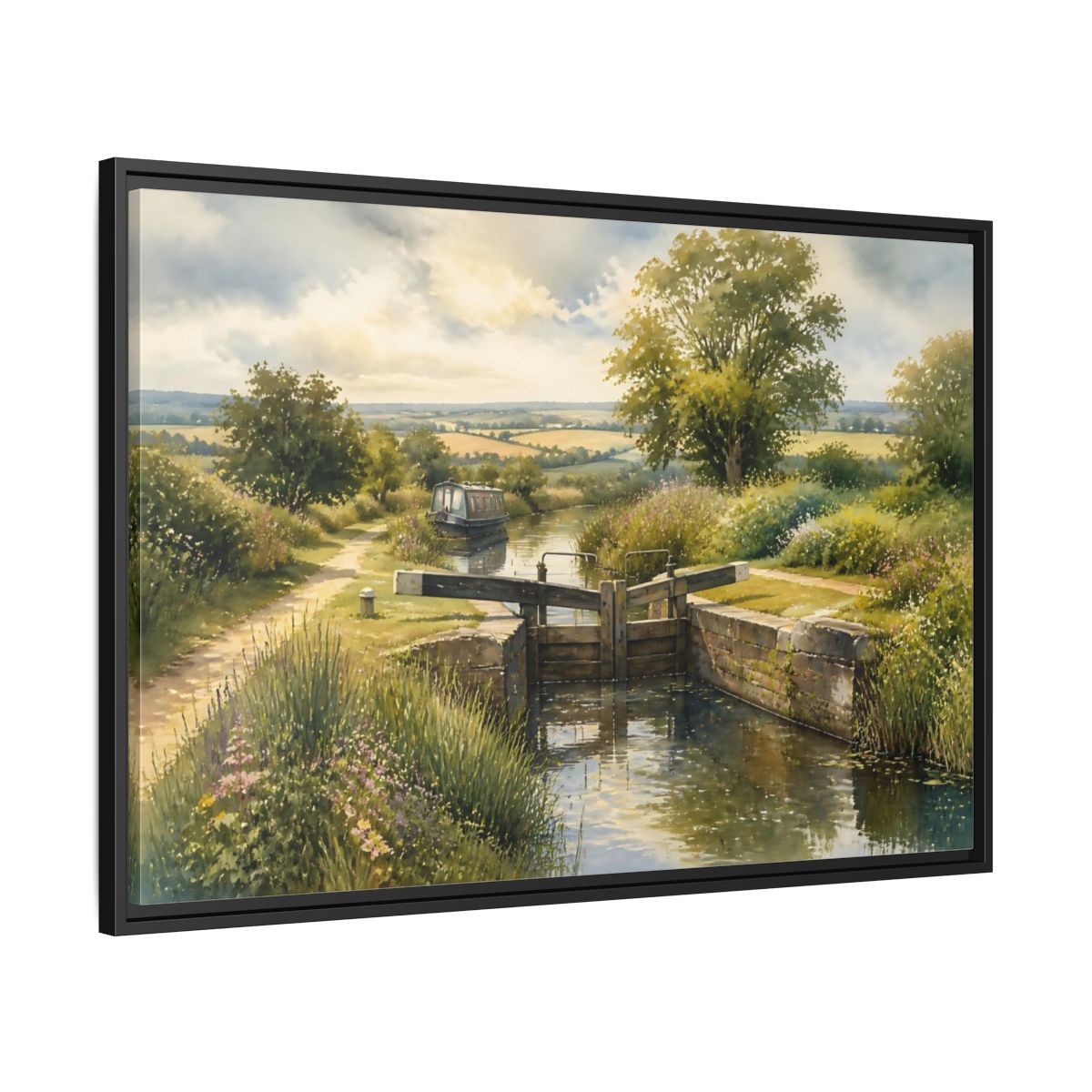 Side Mockup 13. Lockside Summer Meadow shown as framed canvas print