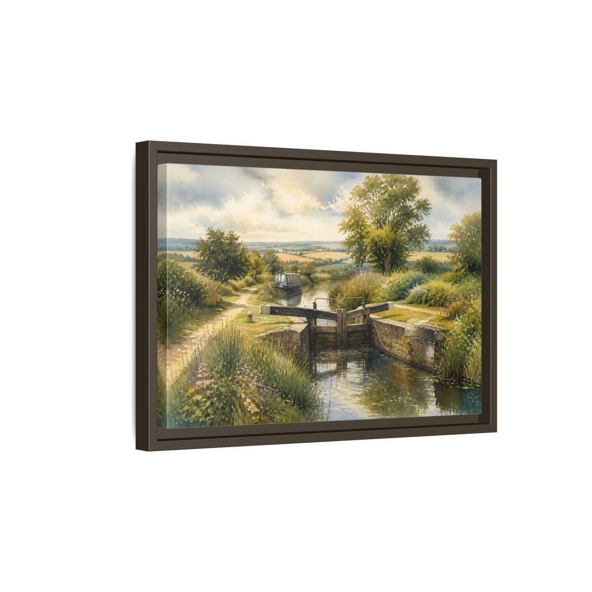 Side Mockup 5. Lockside Summer Meadow shown as framed canvas print