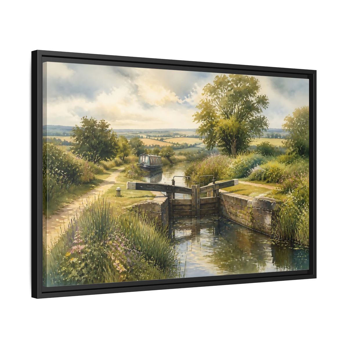 Side Mockup 14. Lockside Summer Meadow shown as framed canvas print