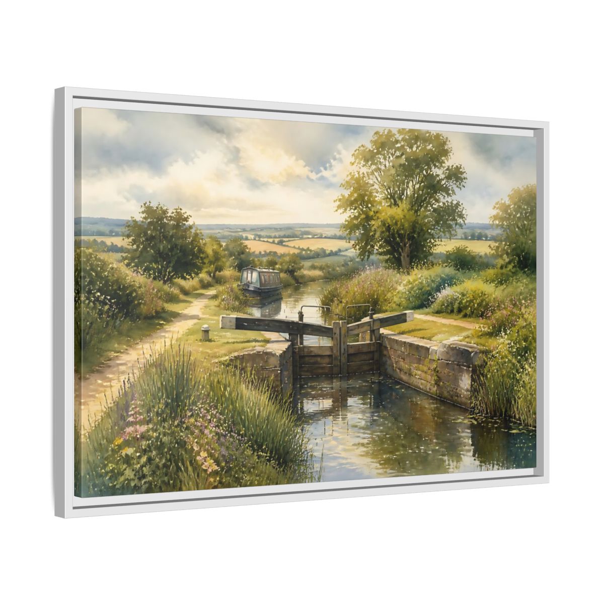 Side Mockup 10. Lockside Summer Meadow shown as framed canvas print