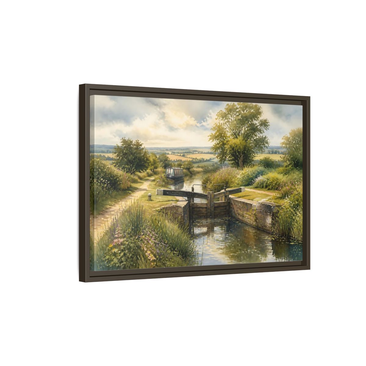 Side Mockup 2. Lockside Summer Meadow shown as framed canvas print