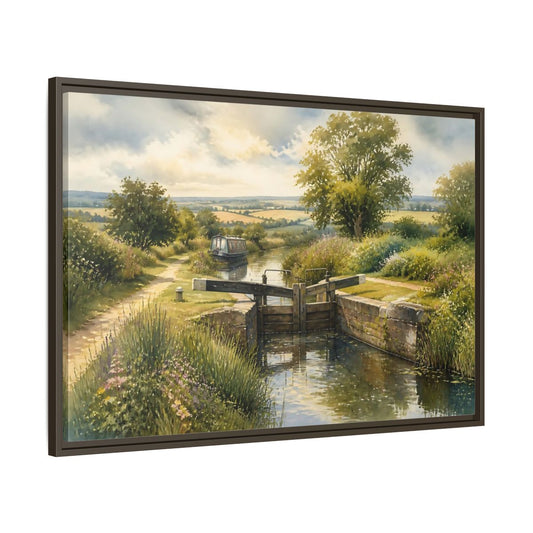 Main Mockup. Lockside Summer Meadow shown as framed canvas print